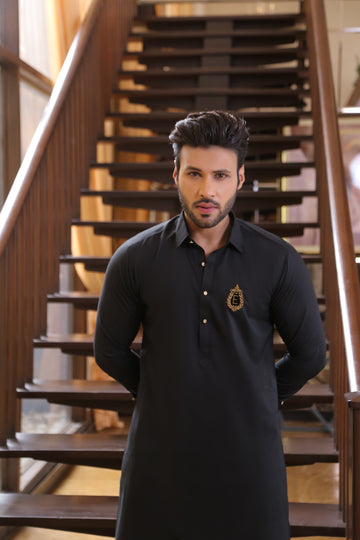 Black Color Golden Embroidered Kurta Pajama For Men